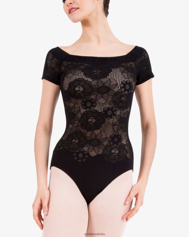 Repetto F4XL482 Women Short Sleeves Lace Leotard Clothing Black