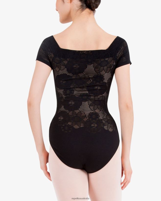 Repetto F4XL482 Women Short Sleeves Lace Leotard Clothing Black