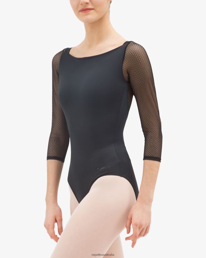 Repetto F4XL486 Women 3/4 Sleeved Leotard With Lace Clothing Black